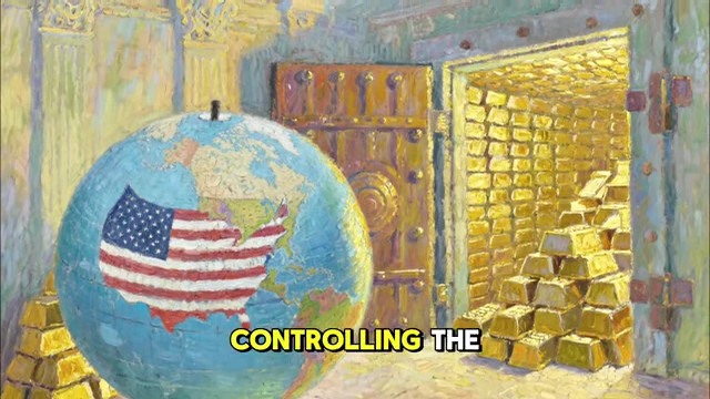 A globe with the USA highlighted next to an open vault filled with gold, symbolizing American financial power and gold reserves