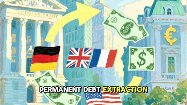 A diagram showing money flowing from Germany to Britain and France for reparations, and then to American banks for war debts