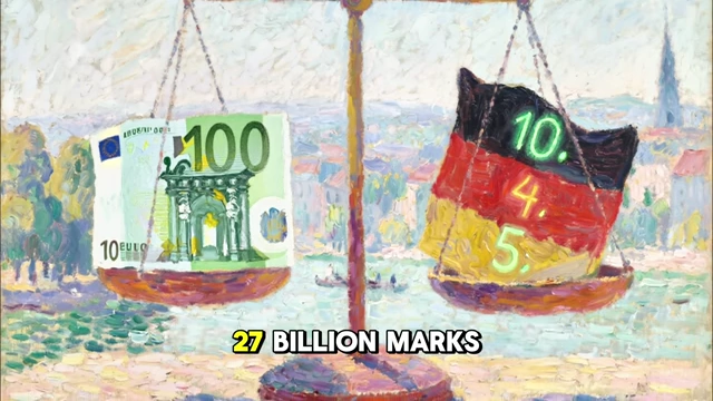 Scales comparing 27 billion marks loaned to Germany with 19 billion marks paid in reparations