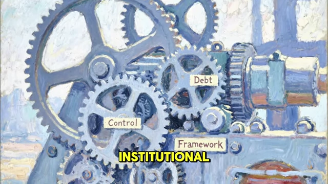 Gears labeled "Debt," "Control," and "Framework," illustrating the financial system