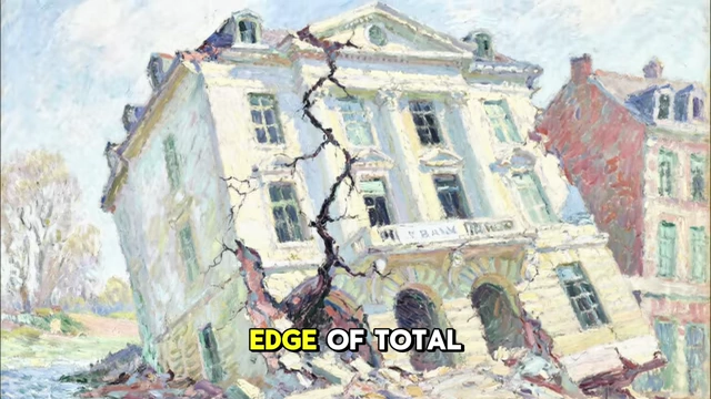 A cracked and crumbling bank building, symbolizing economic collapse