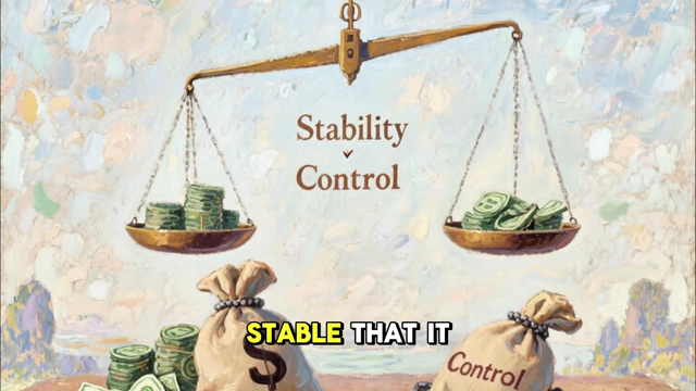 Scales balancing "Stability" and "Control" with money bags, illustrating the banks' objectives