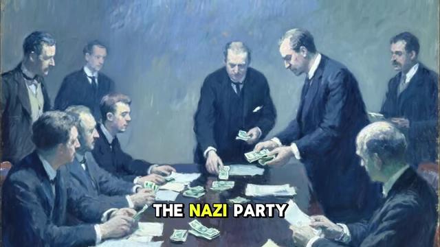 Men exchanging money at a table, representing German industrialists funding the Nazi party