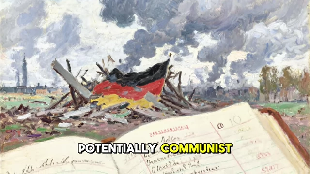 A destroyed German city and a book of financial records, symbolizing the preference for a stable, debt-honoring regime