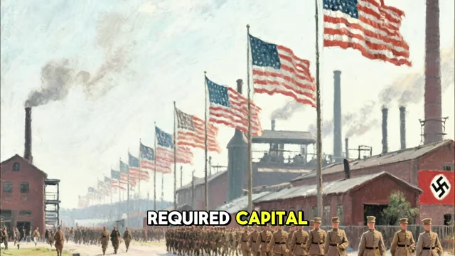 American flags lining a factory where soldiers march, symbolizing US corporate involvement in German rearmament