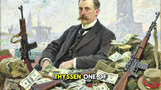 Fritz Thyssen sitting at a table surrounded by money and weapons