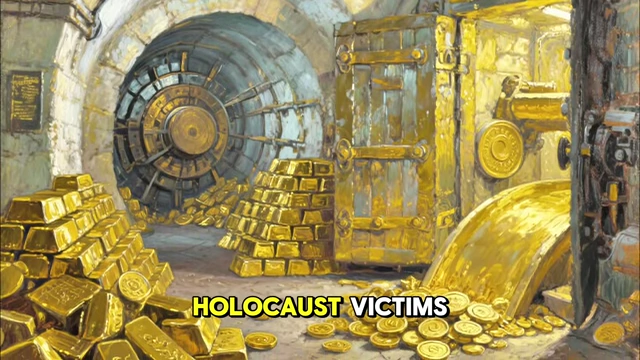 Piles of gold bars and coins inside a bank vault, symbolizing Nazi gold transactions