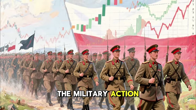 Soldiers marching in front of a financial chart, connecting military aggression with economic motives