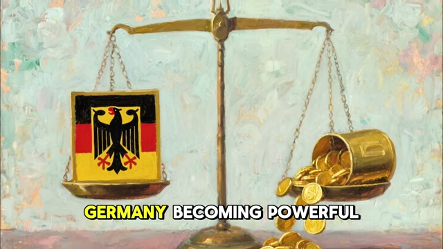 Scales balancing a strong German state with piles of gold, illustrating creditors' interest in Germany's power