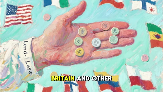 A hand extending money with "Lend-Lease" written, surrounded by flags of allied nations