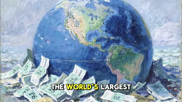 A globe submerged in money, symbolizing Britain's transition to the world's largest debtor