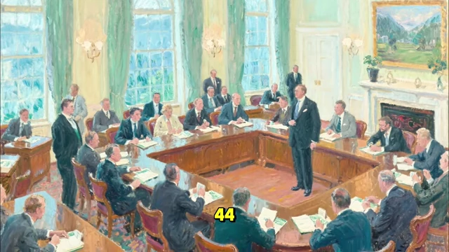 Delegates gathered around tables at the Bretton Woods conference