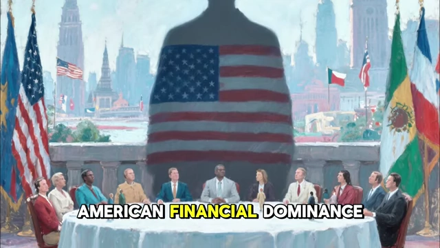 A silhouette of the United States flag overseeing a meeting, symbolizing American financial dominance