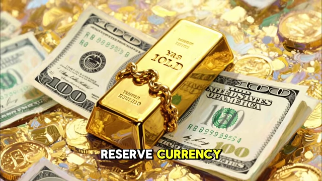 A gold bar chained to US dollar bills, representing the dollar's role as the world's reserve currency