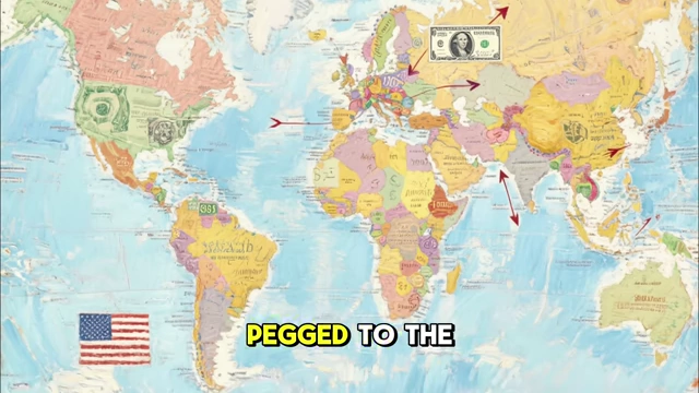 A world map with US dollar bills flowing across trade routes, illustrating dollar dominance in global trade