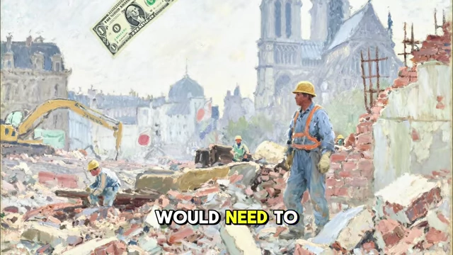 A post-war reconstruction scene in Europe or Japan, with a US dollar bill floating down