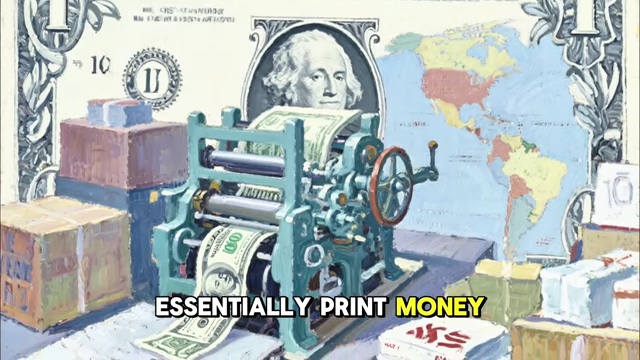 A printing press generating US dollar bills, symbolizing America's ability to print money as the reserve currency nation