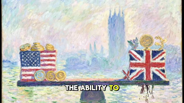 Scales balancing US wealth against a diminished British position, illustrating the shift in global financial power