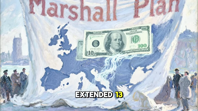 A large banner with "Marshall Plan" over a map of Europe and a dollar bill