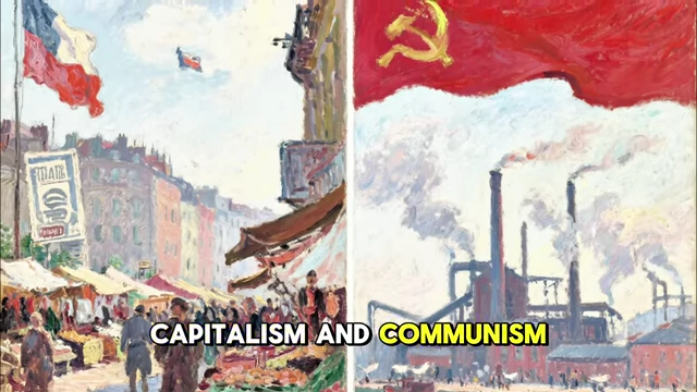 A split image contrasting a capitalist market scene with a communist industrial scene under the USSR flag