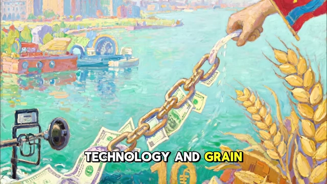 A chain of money connecting a hand (Western banks) to wheat (Soviet Union), illustrating debt dependency