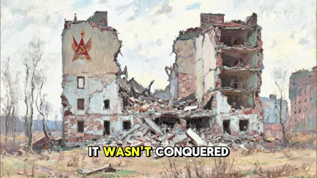 A destroyed building with Soviet symbols, symbolizing the financial bankruptcy and collapse of the USSR