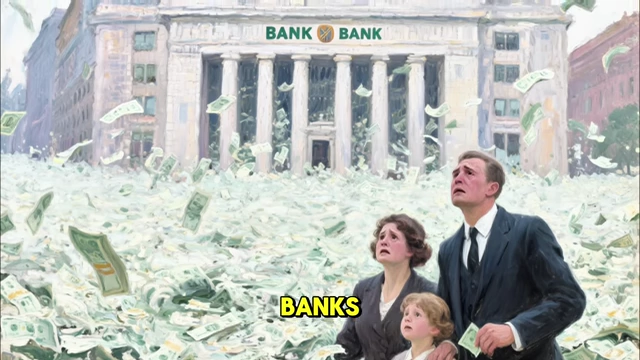 People looking up at money falling from a bank, symbolizing bank bailouts during the 2008 financial crisis