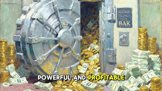 A bank vault overflowing with gold and money, representing the increased power and profitability of banks after crises