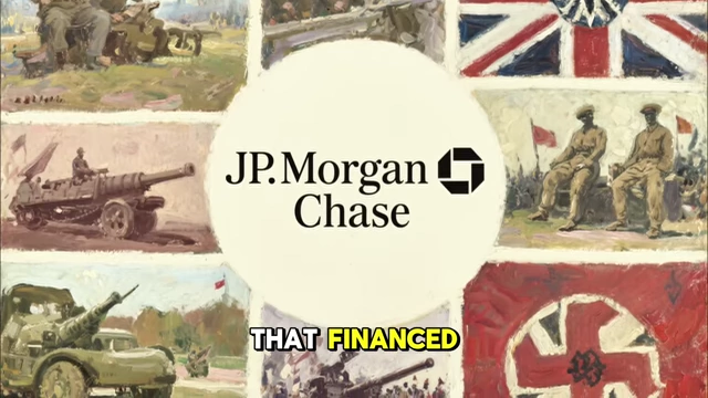 The JP Morgan Chase logo surrounded by war-related imagery, connecting the bank to its historical role in financing wars