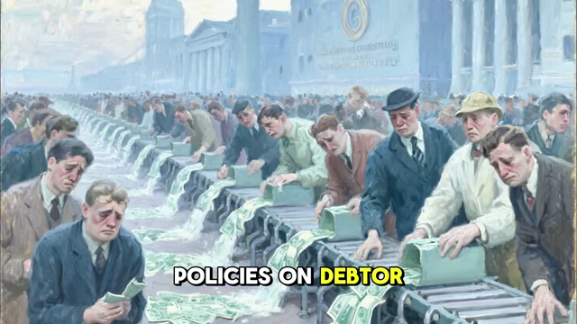 Workers on a conveyor belt of money, illustrating the impact of austerity policies on debtor nations