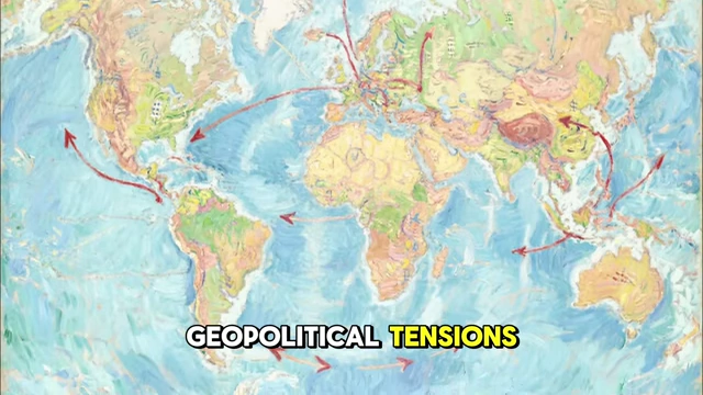 A world map with red arrows indicating areas of geopolitical tension, connecting conflicts to financial flows