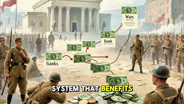 A diagram illustrating how wars create debt that flows to banks, benefiting creditors