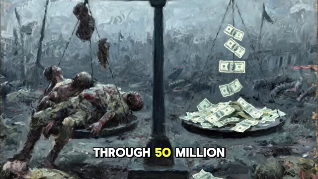Scales balancing dead bodies against piles of money, illustrating the human cost of debt collection through war