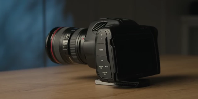 Side view of the Blackmagic Pocket 6K Pro camera, highlighting its I/O ports.