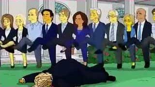 AI-generated image showing figures (resembling Biden and Harris) stepping over a fallen Donald Trump