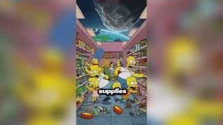 AI-generated image depicting the Simpsons family in a chaotic supermarket with an asteroid in the sky