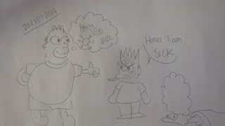Hand-drawn "storyboard" with Homer thinking "Hantavirus 2026" and Bart saying "Homer I am SICK"