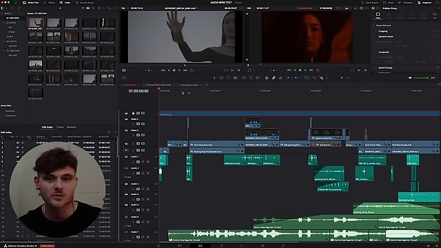 A DaVinci Resolve timeline showing numerous stacked audio tracks with various waveforms.