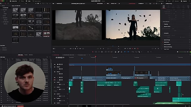 A DaVinci Resolve timeline displays video clips of a woman on a rocky landscape, with multiple audio tracks below.