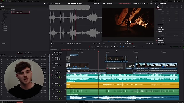 A DaVinci Resolve timeline shows various sound design layers, including a distinct "build" sound effect, leading up to a visual of glowing orbs.