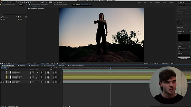 An After Effects interface displays footage of a woman with floating rocks, showcasing various layers and effects.
