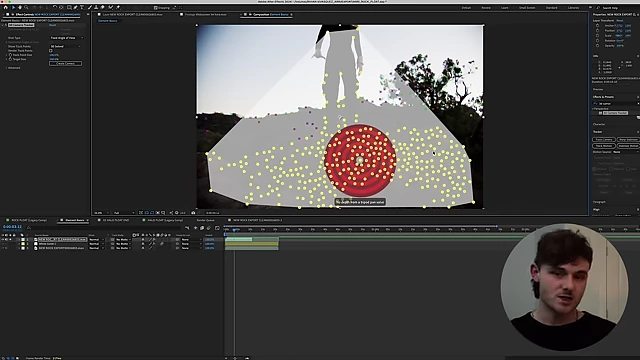 After Effects displays a red sphere on a landscape, demonstrating 3D camera tracking and object placement.