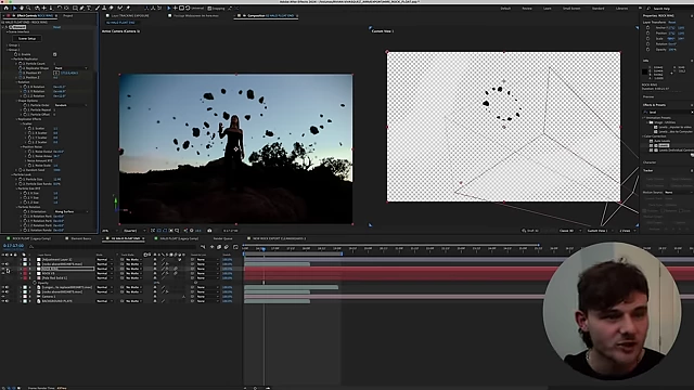 The Element 3D interface shows various material settings for rocks, with options for diffuse color, specular, and reflectivity.