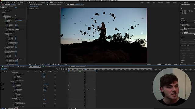 An After Effects timeline shows keyframes for the movement of 3D rocks, with layers indicating position, rotation, and scale.