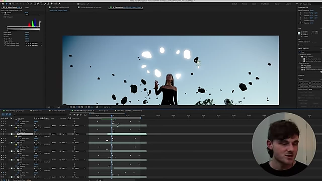 An After Effects composite shot shows a woman on a hill with multiple glowing orbs floating around her.