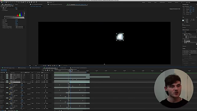 An After Effects timeline shows a white flash transition effect, with layers including alpha mask and blend modes.