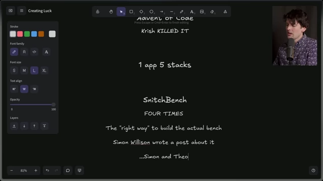 Theo's notes illustrating the journey of his SnitchBench project, from multiple iterations to its recognition by Simon Willison, leading to their friendship.
