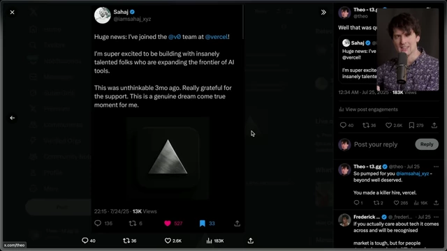 Sahaj's Twitter announcement of joining Vercel, demonstrating a successful outcome resulting from his effective communication and proactive networking.