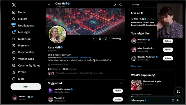 The X (Twitter) profile of Cate Hall, author of the article, showing her bio and recent activity.