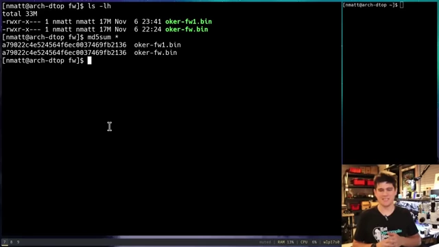 Terminal output comparing MD5 hashes of two firmware reads, confirming data integrity.